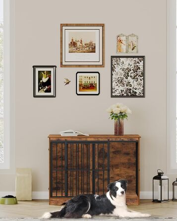 Клітка для собак Hzuaneri, 110 см, 2 двері, сучасний дизайн, для собак малих, середніх та великих порід (до 100 кг), з функцією приліжкового столика, посилена ковзна дверцята, 65 × 110 × 81 см, колір Vintage Brown, DFC84401B