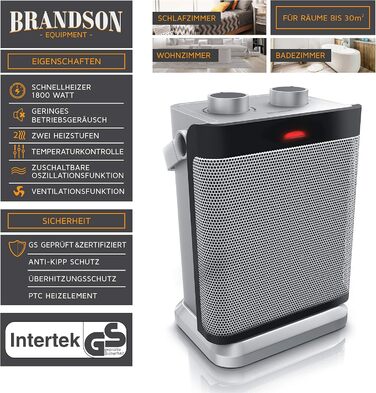 Електричний обігрівач Brandson: тихий, енергозберігаючий керамічний нагрівач з термостатом, 2 режими, захист від перегріву та осциляцією. Підходить для ванної, спальні та вітальні. Колір: срібний