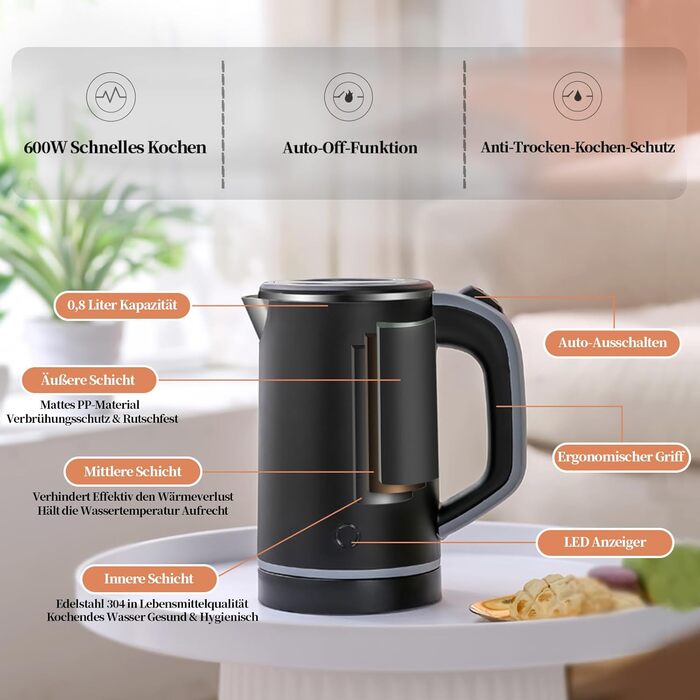 Електричний чайник MiliPow 0.8 л, 600W, для подорожей, з нержавіючої сталі, швидкий, з автовимкненням (чорний)