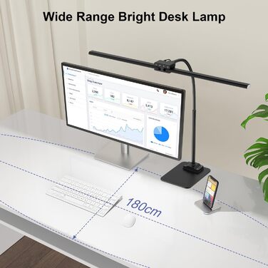 LED Desk Lamp with Adjustable Brightness, 1200 Lumens Dual Head Clamp-On for Home Office, Eye Protection Gooseneck Table Lamp, Monitor Light with 5 Color Temperature & Brightness Levels (Black Dual-Head Metal Base)