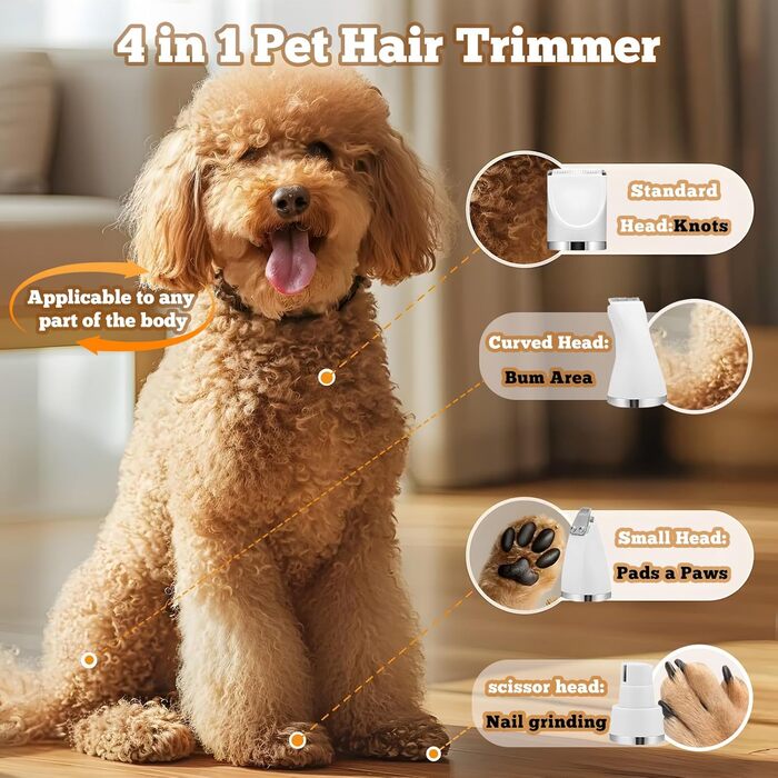 Набір для стрижки собак 4-в-1 Leise: професійна бездротова машинка для собак та котів, перезаряджається, з 4 насадками. Білий колір.