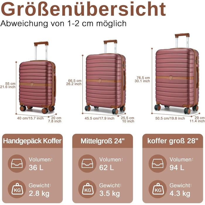 Чемодан KONO 3-в-1: ABS+PC, з коліщатками та кодовим замком (55см, ручна поклажа), червоно-коричневий