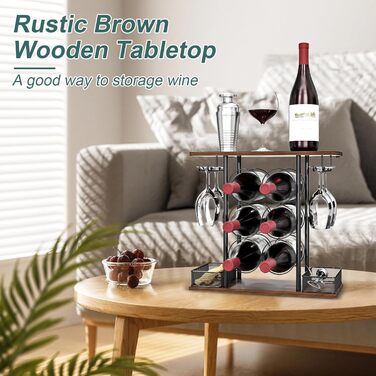 VyGrow Wine Rack with 3 Tiers, Wood and Metal, Easy to Assemble, for 6 Bottles and 4 Glasses at Home, 16 x 41 x 40.2 cm