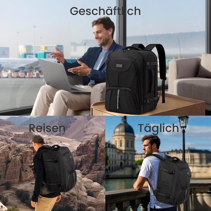 LOVEVOOK Рюкзак ручної поклажі 40L, великий розширюваний туристичний рюкзак для чоловіків, рюкзак для ноутбука 17 дюймів, валіза-рюкзак, ручна поклажа для подорожей, чорний