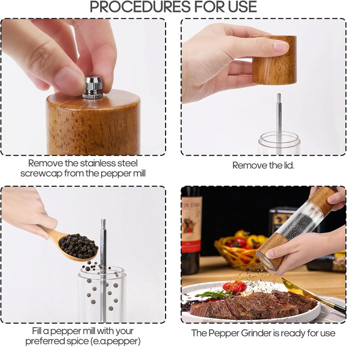 Salt and Pepper Grinder Set of 2, Manual Spice Grinder including Coaster, Cleaning Brush, Spoon (21.5 cm) - Wooden Salt Mill with Adjustable Ceramic Grinder for Spices Pepper Salt