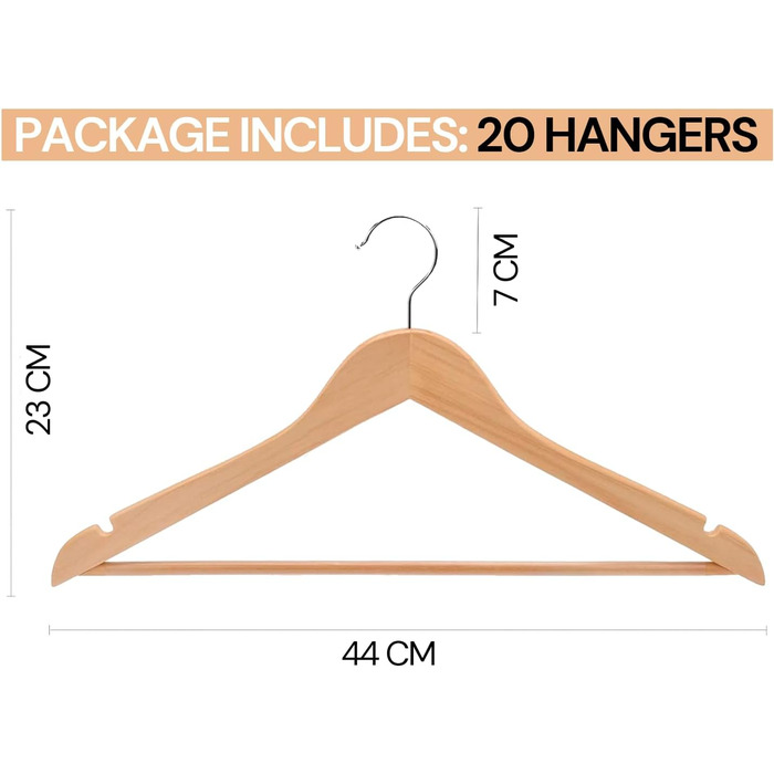 Вішалки для одягу Edihome, дерев'яні, набір з 20 шт., з неслизьким тримачем для штанів, вирізами для плечей, поворотним гачком 360°, для костюмів, сорочок