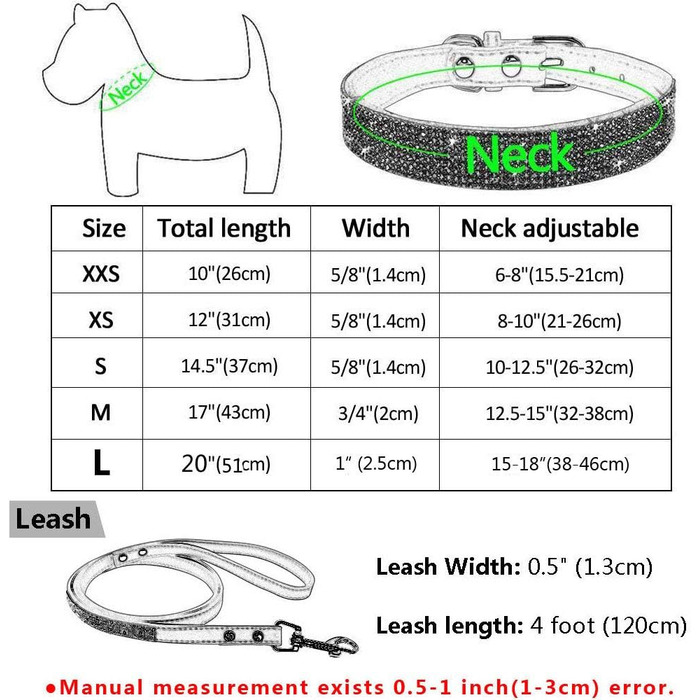 Soft Suede Dog Collar, Shimmering, Sparkling, Elegant, Unique, Embellished with Rhinestones, for Pets, Puppies, Cats, Dogs, Combo Set with Leash (XXS, Black)