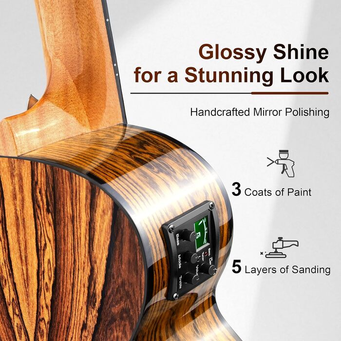 Гуітарела Caramel GEG95 з бокоте, блискуча, професійна, 6-струнна, акустична та електрогітара з аксесуарами для подорожей, 30'