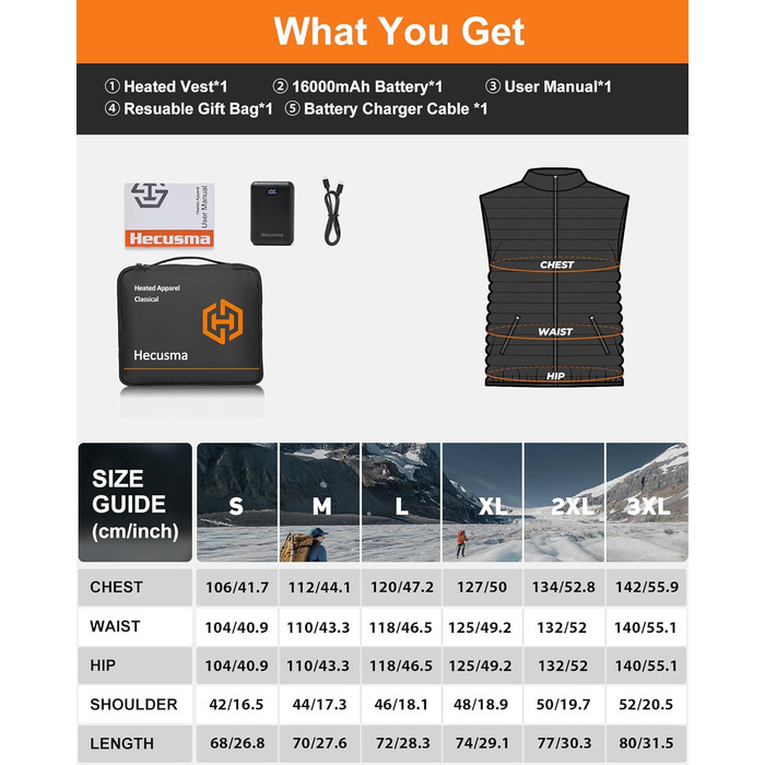 Електрична гріюча жилетка для чоловіків з powerbank 16000 mAh, 7.4 V - для полювання, катання на лижах, мотоциклів та активного відпочинку