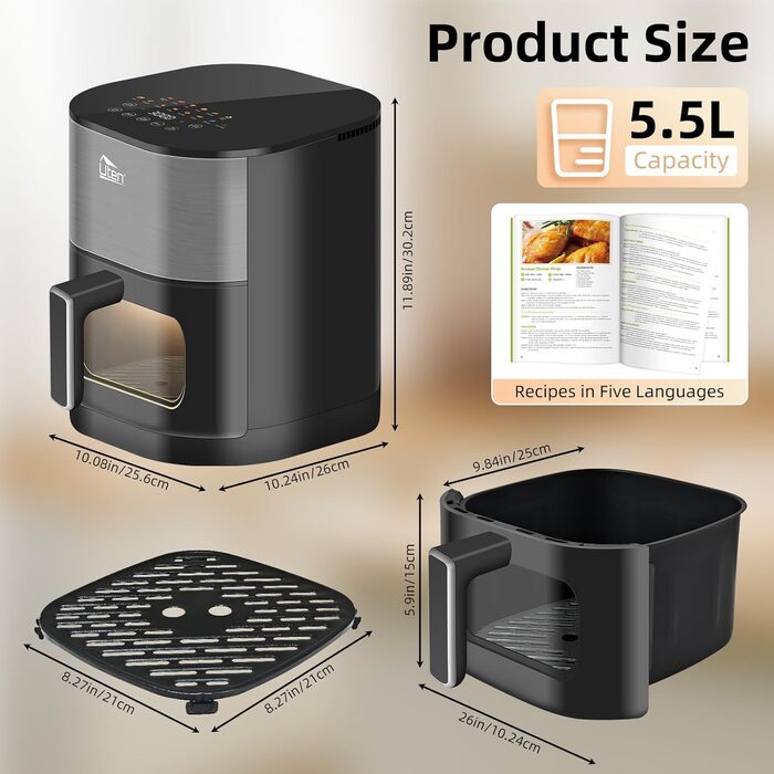 Універсальна аерофритюрниця Uten Dual Blaze 2000 Вт, 5,5 л, без масла, 14 програм, з оглядовим вікном, сірий квадрат