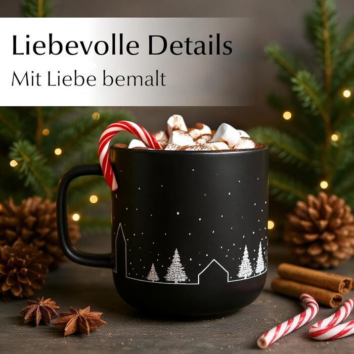 Набір з 4 чашок MIAMIO для святкування Різдва, 500 мл, чорний колір / Кавові чашки на Різдво, мінімалістичний зимовий мотив, подарунок на Різдво, безпечні для миття в посудомийній машині та використання в мікрохвильовій печі – Vinter Collection