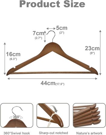 Дерев'яні вішалки для одягу HOUSE DAY (10 шт.) з масиву, гладка поверхня, 360° обертання, плечові виступи, для костюмів, сорочок, курток та пальто - горіх