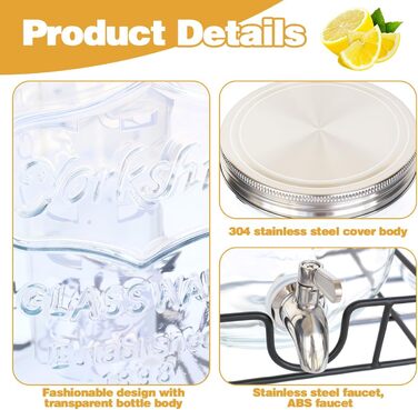 Диспенсер для напоїв на 7.6л зі стійкою, скляний диспенсер для води, соку, з нержавіючої сталі з краном, для дому, вечірок, свят