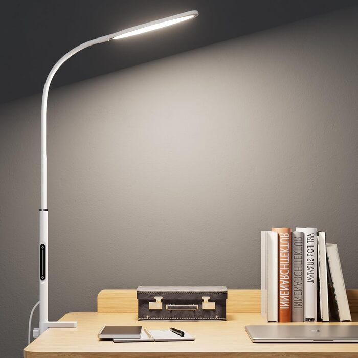 LED лампа для столу з кріпленням, регульована яскравість, архітектурна лампа, з регульованим підлокітником, пульт дистанційного керування, 4 колірні температури, для офісу та дому