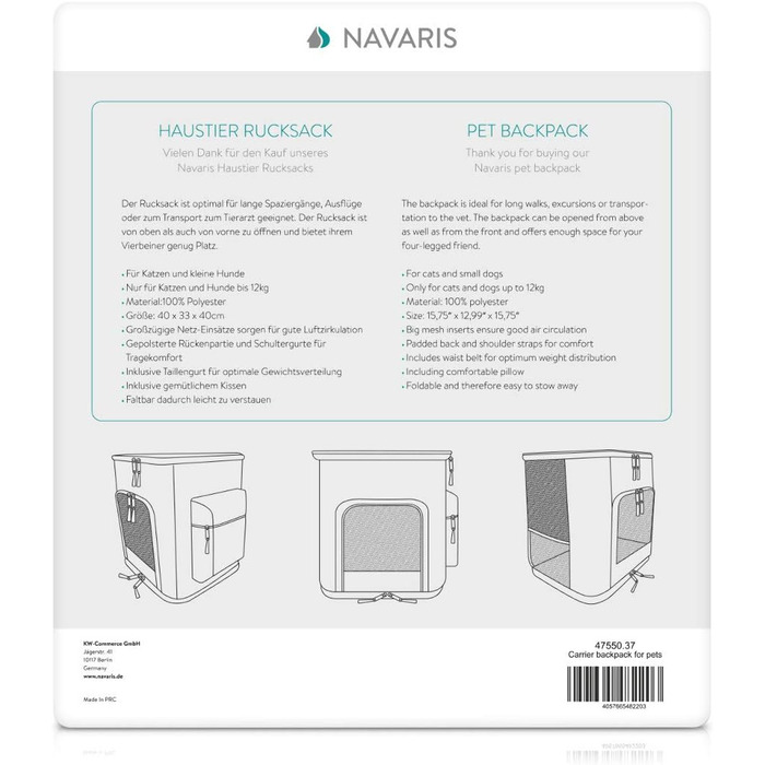 Рюкзак для собак та котів Navaris - м'який, з бавовняним бавовняним ременем, 41x34,5x43 см, складний, до 12 кг, блакитний