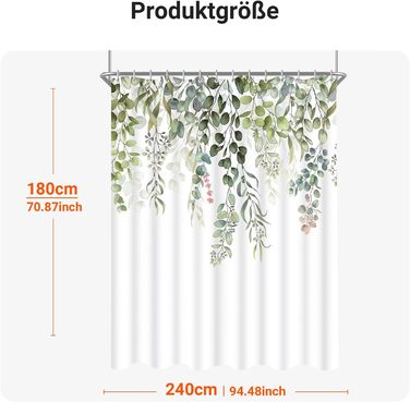 Штора для душу 200x200 см, зелені листки, антигрибкова, водовідштовхувальна, текстильна, поліестер, з кільцями (12 шт.) для ванної кімнати