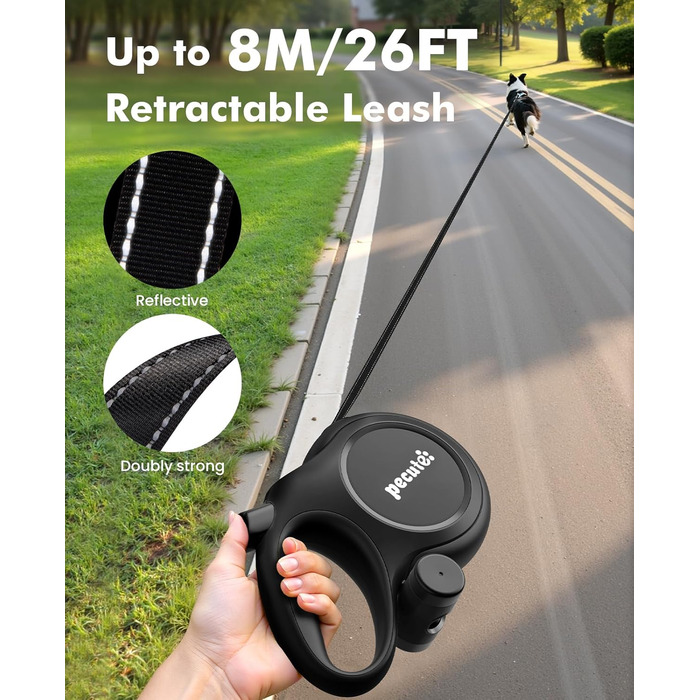 Рулетка для собак Pecute 8м, бісостійка, з набором для збору відходів, 360° антизаплутування, для собак середніх та великих (15-50кг), зелена