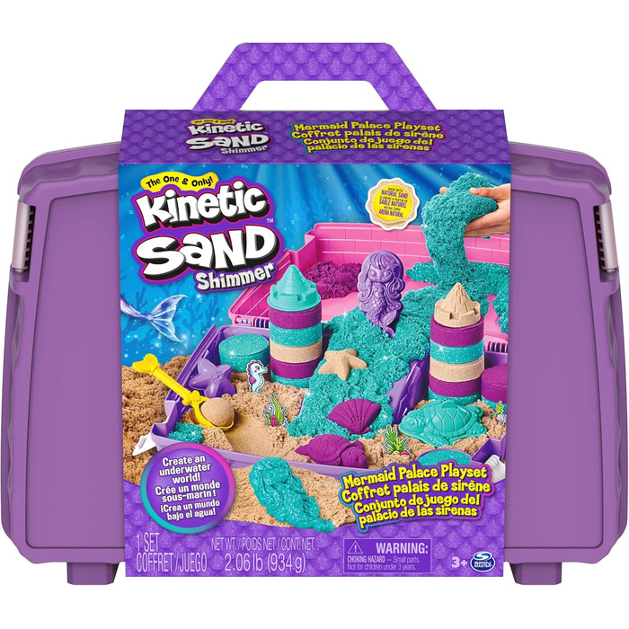 Kinetic Sand Mermaid Suitcase - with 1 kg of original kinetic sand from Sweden in 3 colors, 6 molds, 1 shovel for creative indoor sand play, for children ages 3 and up.