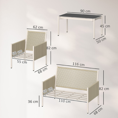 Набір садових меблів Outsunny з ротангу (поліротангу) – Lounge-набір з 2-місним диваном, кріслом, скляним столиком, подушками, стійкий до погодних умов, група для сидіння на 4 особи. Меблевий набір для балкона, тераси або саду. Колір: коричневий + сірий |