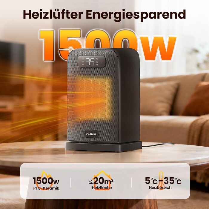 Електричний обігрівач 1500W з PTC керамічним нагрівачем, тихий, з термостатом та пультом дистанційного керування, ECO режим, 70° осциляція, 12h таймер, захист від перегріву та перекидання, чорний, 26 см