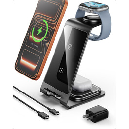 Бездротова зарядка Induktive з підтримкою MagSafe для iPhone 16 Pro/16/16 Pro Max/15 Pro/15/15 Pro Max, Apple Watch 10/Ultra 2/SE/9/8/7/6/5/4/3/2 та AirPods 4/3/2/Pro (сіра)