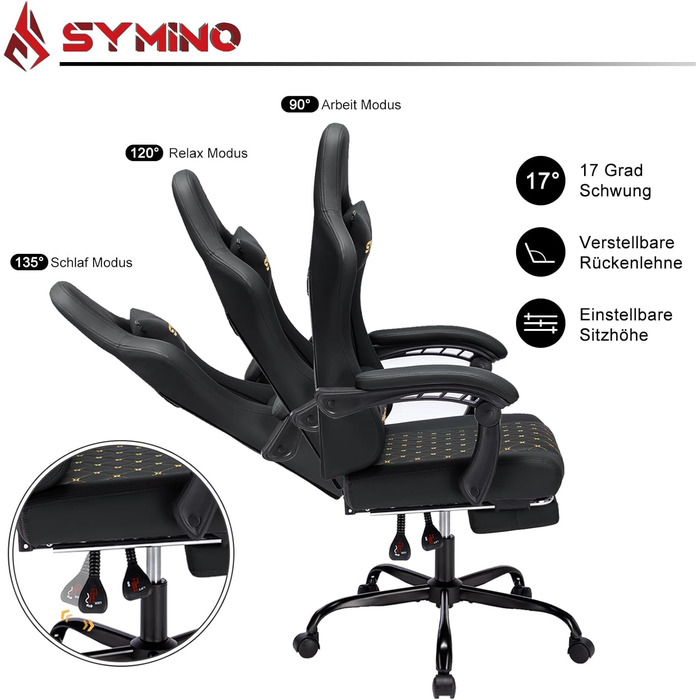 Геймерське крісло Symino Racing – ергономічне крісло для ігор з підтримкою попереку, регульованими підлокітниками, підставкою для ніг, оббивка з PU шкіри Vintage, чорне, до 200 кг