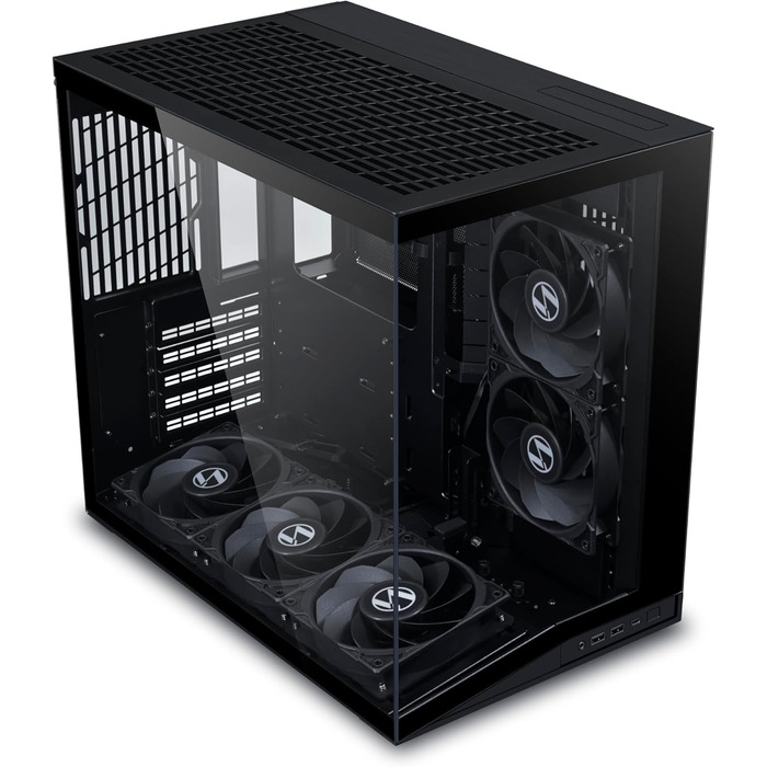 Корпус Lian Li O11 Dynamic Mini V2 Flow: компактний ATX Midi-Tower з двокамерним дизайном, скляною панеллю та модульною конструкцією. 5 вентиляторів встановлено. Чорний колір.