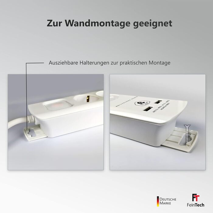 Стрічка розеток FeinTech MD000632 6-fach з USB, захистом від перенапруги, 3680 Вт, біла, 1.5 м