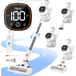 Бездротовий акумуляторний пилосос Tikom V500 450W, 6-в-1, білий. З контейнером 1.3л, для прибирання килимів, шерсті тварин та твердих поверхонь.