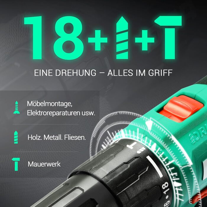 Акумуляторний ударний дриль-шуруповерт DCA 20V, 40 Нм, 13 мм, 22500 уд./хв, 18+1+1, комплект з 14 біт для бетону, металу, дерева