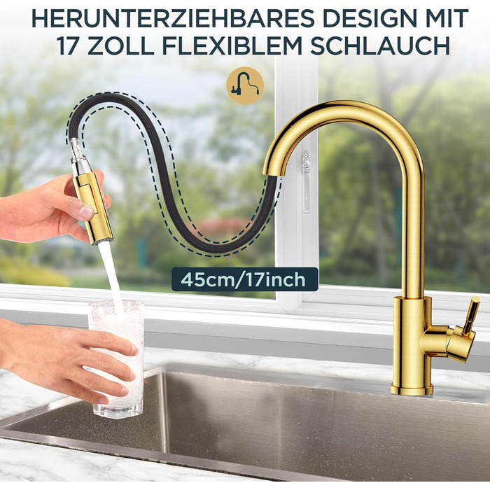 Кран кухонний FORIOUS, Чорний, з висувною лійкою, поворотний на 360°, з покриттям Gold