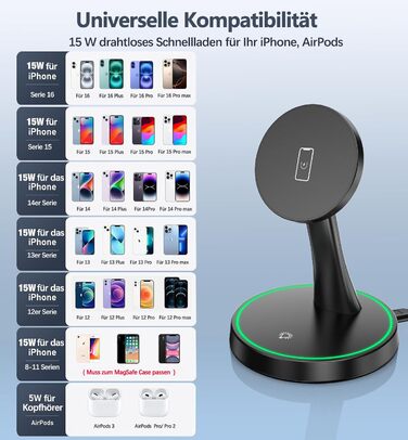 Бездротова зарядка MagSafe для iPhone 15/14/13/12, AirPods 3/2/Pro, 15W, з підсвічуванням