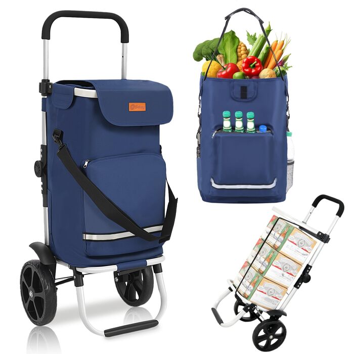 Тролей для покупок Sekey 60L, 3-в-1, складна, з алюмінію, регульована ручка, з відділенням для їжі та напоїв, великий, для покупок та кемпінгу (Блакитний)
