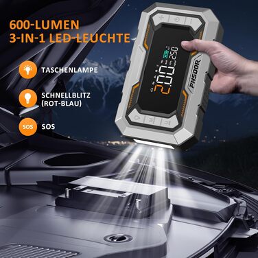 Пусковий пристрій (бустер) 8000A з компресором 150 PSI та Powerbank 25000mAh для авто (бензин до 12л, дизель до 10л), з LED-ліхтарем, помаранчево-сріблястий