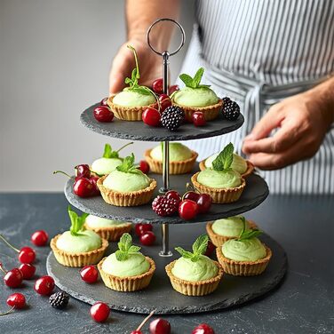 Dimono® Етажерка для сервірування Deluxe; 3 яруси - сервірувальні миски; фруктова та овочева миска з бамбуковим підставкою; для десертів, фруктів, овочів, солодощів та ін. (Шифер натуральний)