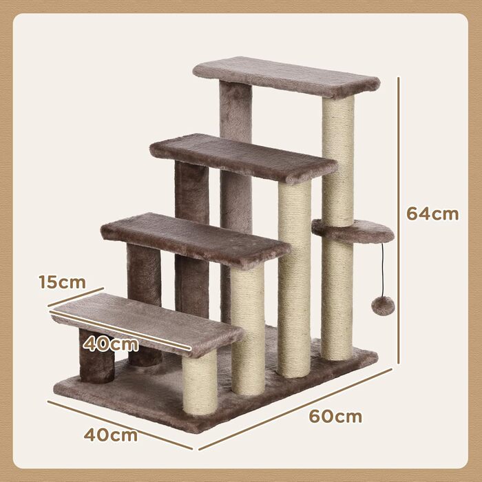 PawHut 3-Step Pet Stairs with Scratching Posts, Ball, Dog Stairs, Pet Stairs for Cats up to 5 kg, Plush Jute, White, 45 x 40 x 48 cm (60L x 40W x 64H cm, Brown)