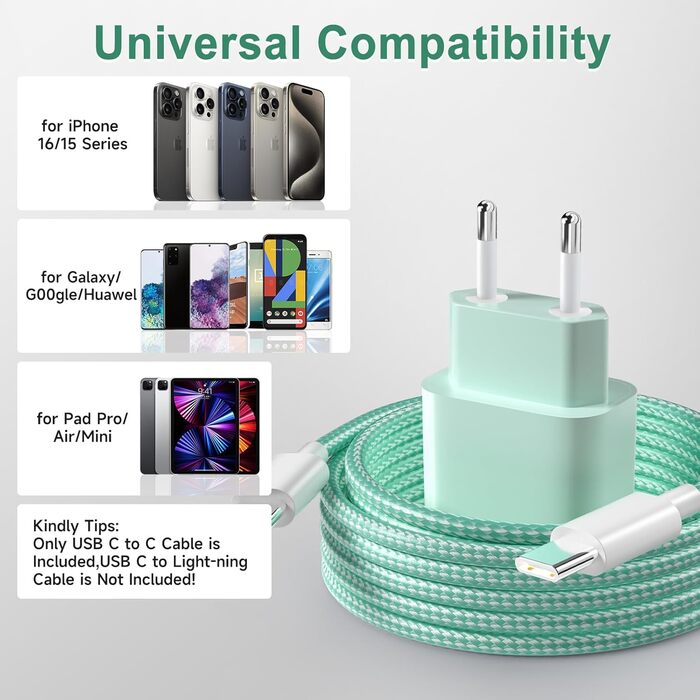 Зарядний пристрій USB-C 20W для iPhone 17/16/15 Pro/Plus, кабель Type-C 2м, PD3.0, адаптер живлення - Зелений