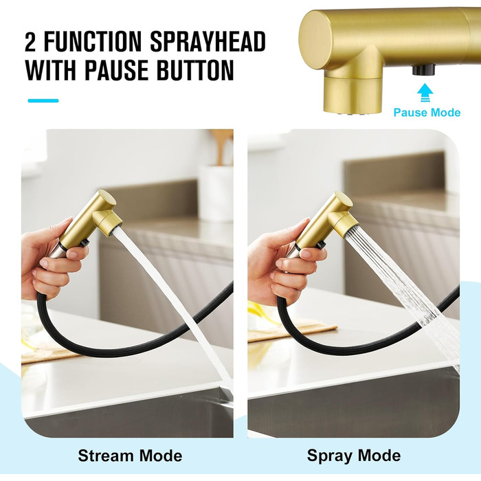 Кран кухонний CREA з 3 функціями: душ, висувний вилив, поворот 360°, матове золото (щітковане)