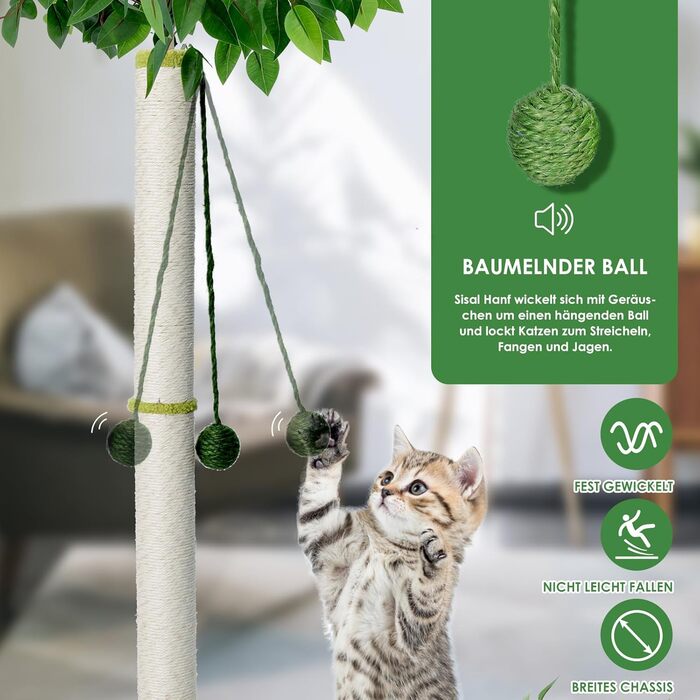 Zvonema Kratzbaum-Kratzstamm Scratching Post with 80 cm Height for Small and Large Cats, Sisal Rope Cat Scratching Post with 1 Interactive Ball, Scratching Pole Cat Furniture, for Indoor Activity, Play