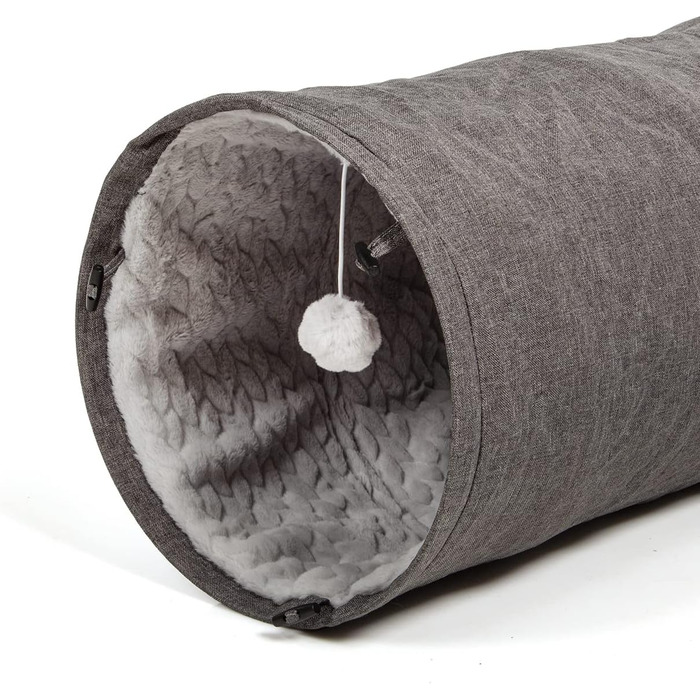 CanadianCat Company | XXL Cat Tunnel with Plush Fabric | gray | approx. 35 x 150 cm - Variable Shape, integrated cat toy