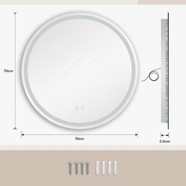 Дзеркало для ванної кімнати Dripex круглої форми з підсвічуванням LED, сенсорне керування, регулювання яскравості, 3 кольори світла, запобігання запотіванню, 60x60 см (Bluetooth, запобігання запотіванню, 3 кольори, регулювання яскравості)