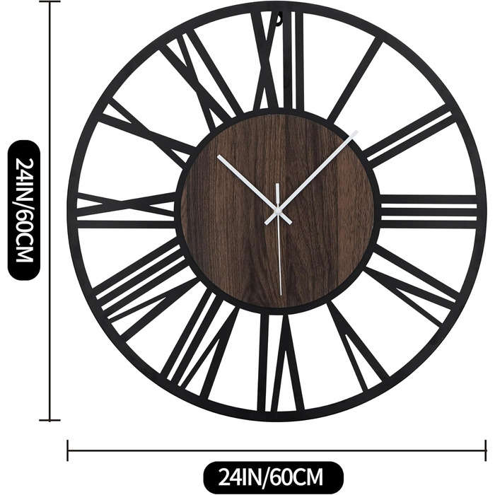 HAITANG Round Wall Clock, Black, 34 cm, for Living Room, Decoration, Vintage Style, Roman Numerals, Silent, Non-Ticking, Wall Clocks for Home, Garden, Office, Cafe Decoration (50 cm, Black)