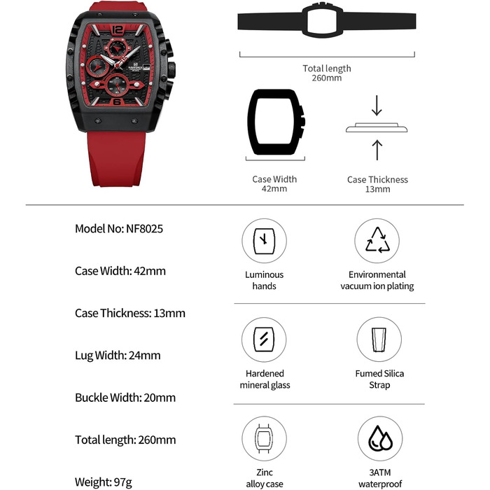Чоловічий кварцовий годинник Naviforce з автом. датою та індикатором тижня, аналоговий, чорний+червоний+червоний