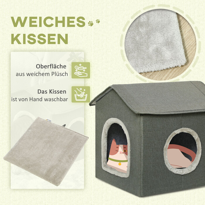 PawHut Cat Cave House Shape with Washable Cushion, Cozy Cat Snuggle Cave with Two Doors, 39 x 43.5 x 40.5 cm, Grey