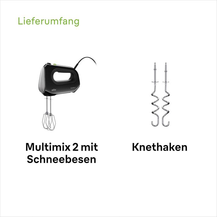 Ручний міксер Braun MultiMix 2 HM2110BK, 500 Вт, 4 швидкості + Турбо, FastMix, EasyClick, вінчик і гачки для тіста, чорний