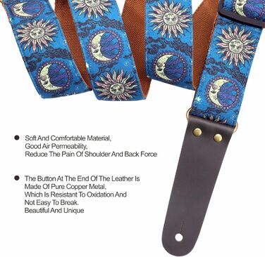 Гітарний ремінь Nefelibata, вишитий бавовняний ремінь з шкіряними кінцями, для бас-гітари, електро- та акустичної гітари, безкоштовний фіксатор, 1 пара застібок, 4 шт. (Блакитне сонце)