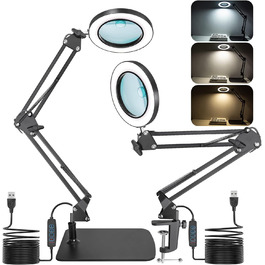 Лупа Jubor 2-в-1 з підсвічуванням та підставкою, 15x/10x, LED, з кріпленням та основою, настільна лампа, 3 режими, регулювання яскравості, для хобі, ремонту, DIY, чорна