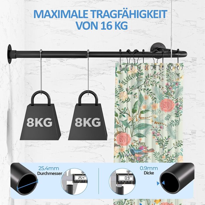 Штанга для душу L-подібної форми, регульована 60-134 см, з кріпленням для штори та опорою для стелі, чорна. Підходить для ванни/ванної кімнати. Потрібно свердління.