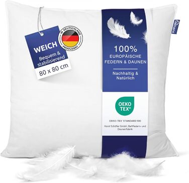 Clemens Soft Down Pillow 80x80 cm (1400g) - Pillow made from European feathers 85% & down 15%, feather pillow Made in Germany - Soft & Supportive - Down pillow for back and stomach sleepers Soft 80 x 80 cm