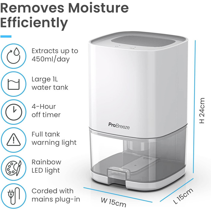 Електричний осушувач повітря Pro Breeze 1000 мл з таймером та нічним світлом - для ванної, спальні, шафи, підвалу - білий